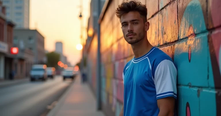Homem vestindo camiseta raglan azul com mangas brancas em ambiente urbano