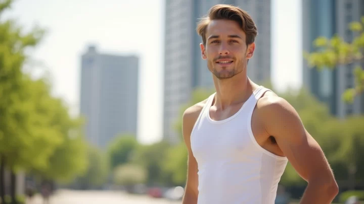 Homem jovem usando regata masculina branca em ambiente urbano durante o verão