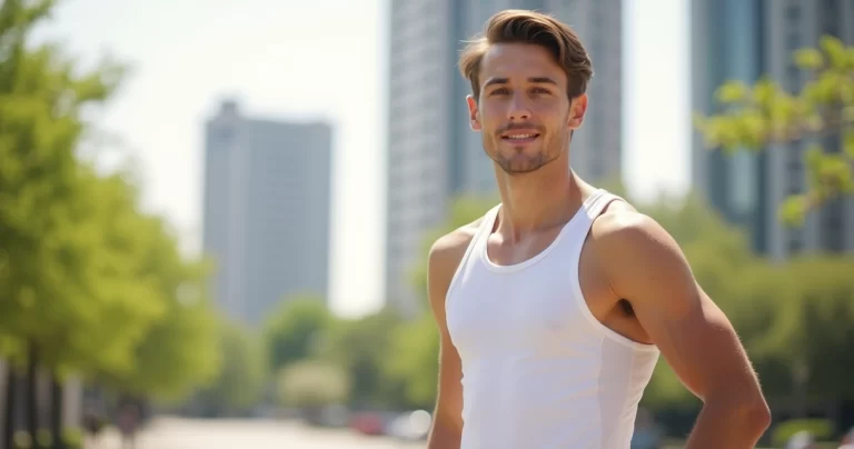 Homem jovem usando regata masculina branca em ambiente urbano durante o verão