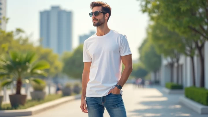 Homem elegante usando camiseta básica masculina branca, calça jeans azul e sapatos casuais, posando em ambiente urbano durante o dia