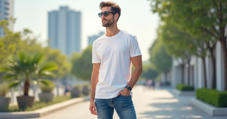Homem elegante usando camiseta básica masculina branca, calça jeans azul e sapatos casuais, posando em ambiente urbano durante o dia