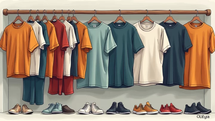 Homem olhando roupas em um closet, experimentando camisetas masculinas de vários estilos e cores