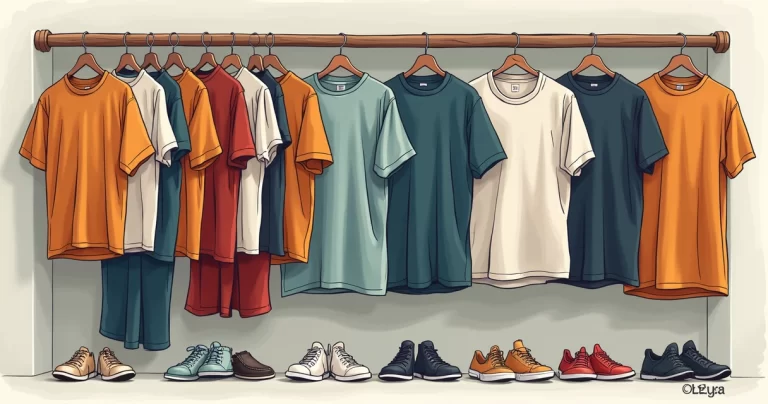 Homem olhando roupas em um closet, experimentando camisetas masculinas de vários estilos e cores