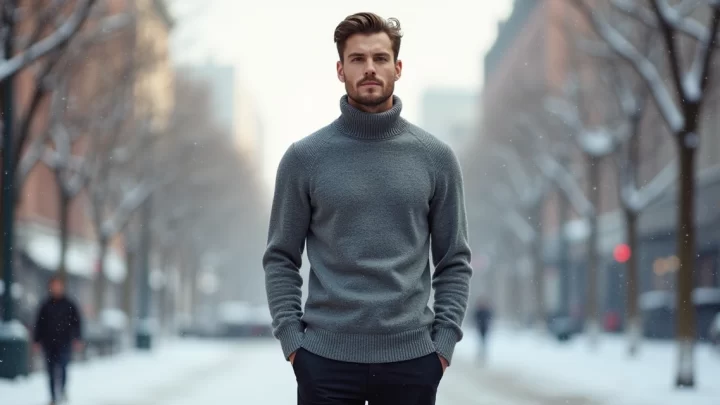 Homem vestindo suéter gola alta cinza em ambiente urbano no inverno