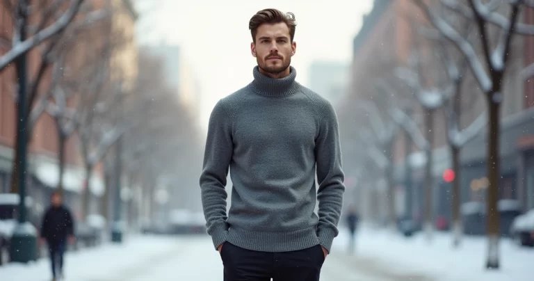 Homem vestindo suéter gola alta cinza em ambiente urbano no inverno