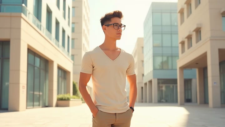 Homem usando look monocromático bege com camiseta gola v e calça casual, em ambiente urbano claro