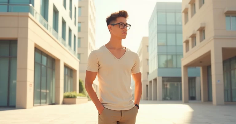 Homem usando look monocromático bege com camiseta gola v e calça casual, em ambiente urbano claro