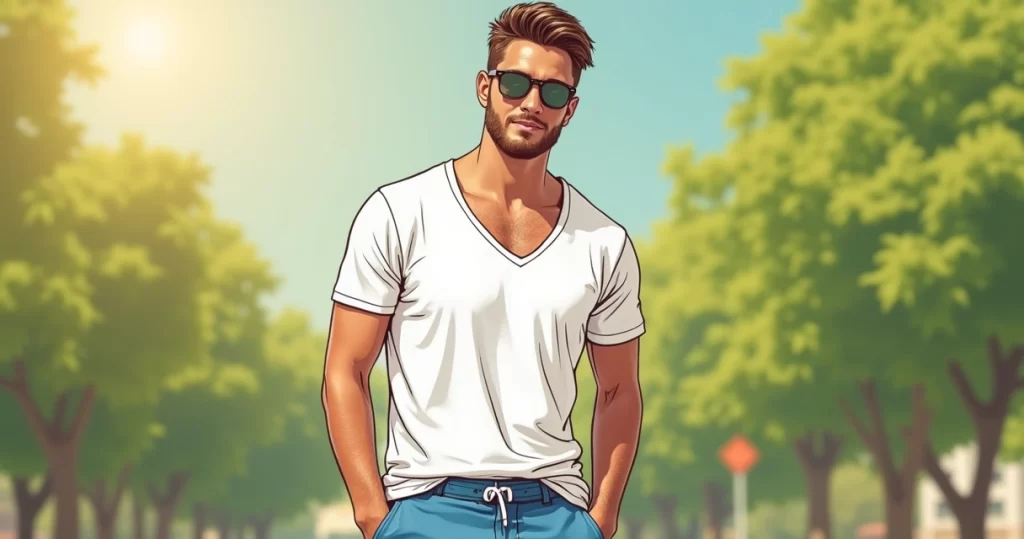 Homem com roupa masculina leve e estilosa para calor extremo, camiseta branca e bermuda azul em ambiente ensolarado