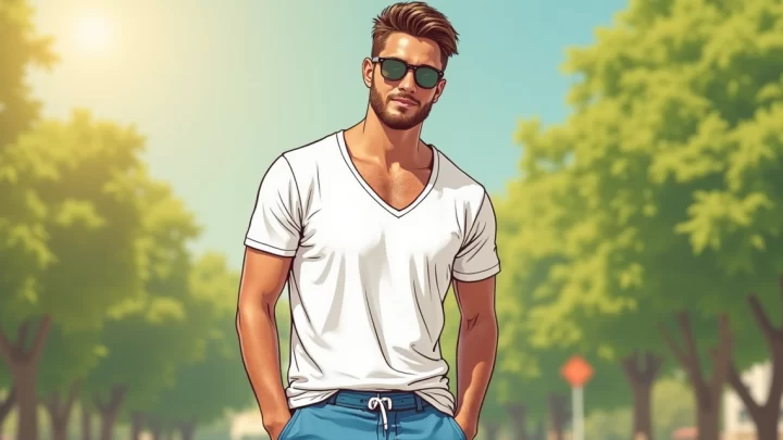 Homem com roupa masculina leve e estilosa para calor extremo, camiseta branca e bermuda azul em ambiente ensolarado