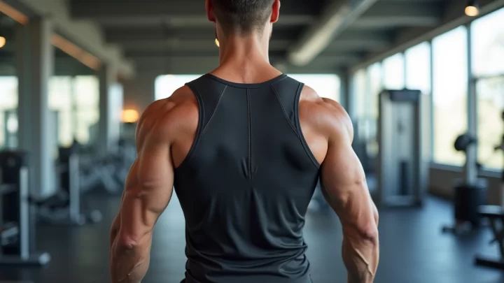 Homem usando regata masculina para academia durante treino intenso em ambiente moderno