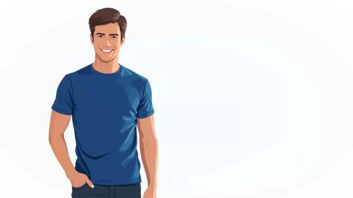 Homem vestindo camiseta de viscolycra azul em fundo branco minimalista