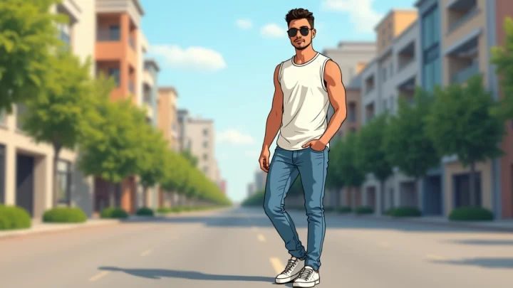 Homem vestindo regata masculina branca combinada com jeans e tênis casual em ambiente urbano