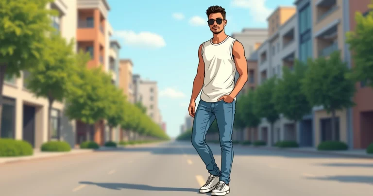 Homem vestindo regata masculina branca combinada com jeans e tênis casual em ambiente urbano