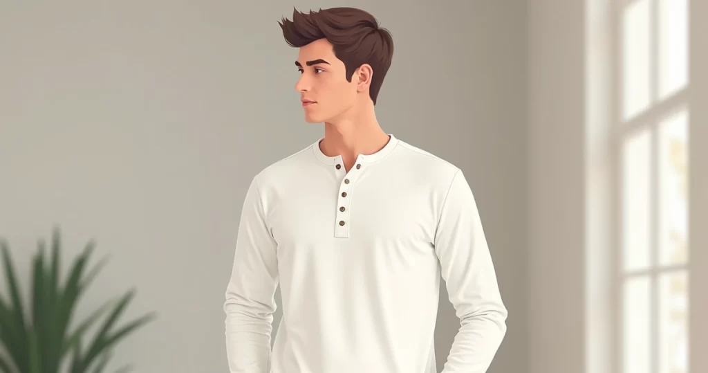 Homem vestindo camiseta gola henley branca de manga longa em ambiente casual e moderno