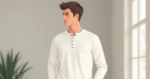 Homem vestindo camiseta gola henley branca de manga longa em ambiente casual e moderno