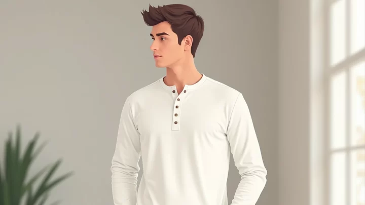 Homem vestindo camiseta gola henley branca de manga longa em ambiente casual e moderno