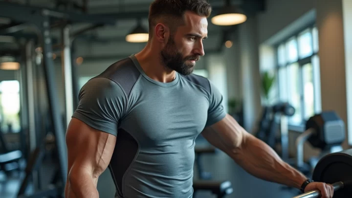 Homem em treino intenso usando camiseta masculina de tecido leve e respirável