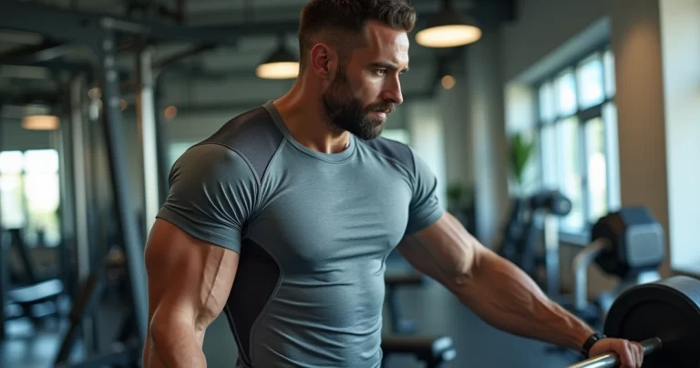 Homem em treino intenso usando camiseta masculina de tecido leve e respirável