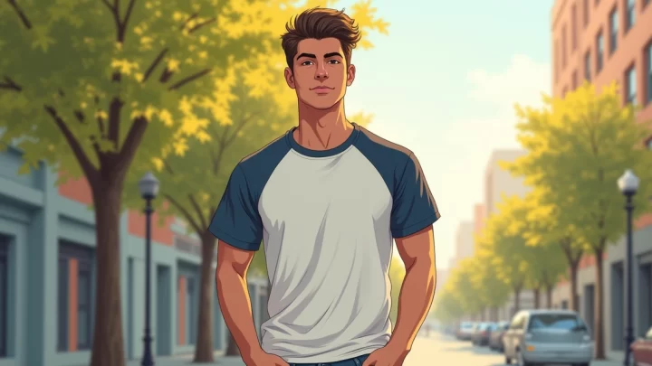 Homem usando camisetas masculinas em camadas com diferentes cortes e cores, ambiente urbano ao fundo