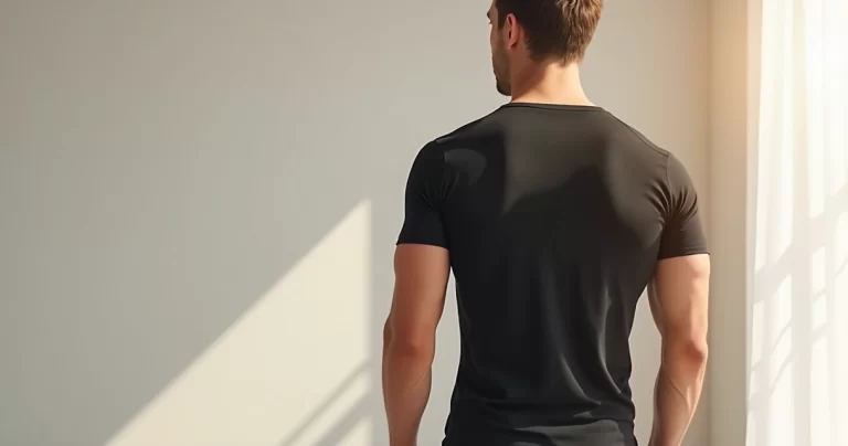 Homem com camiseta preta slim fit ajustada, destacando o caimento e conforto