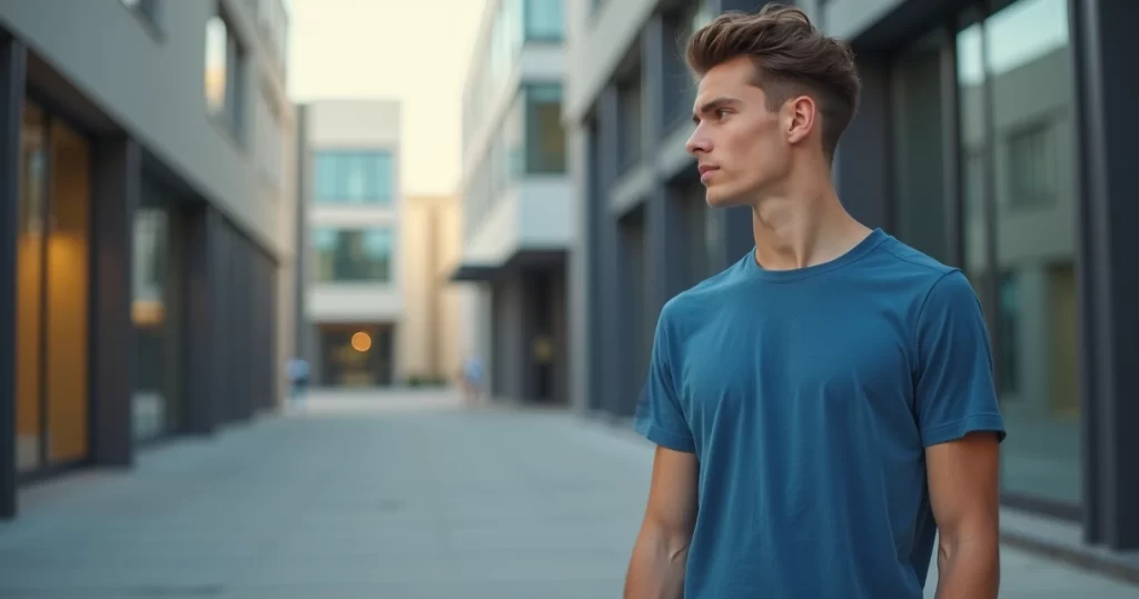 Homem vestindo camiseta slim azul com caimento perfeito em ambiente urbano claro