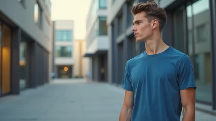 Homem vestindo camiseta slim azul com caimento perfeito em ambiente urbano claro