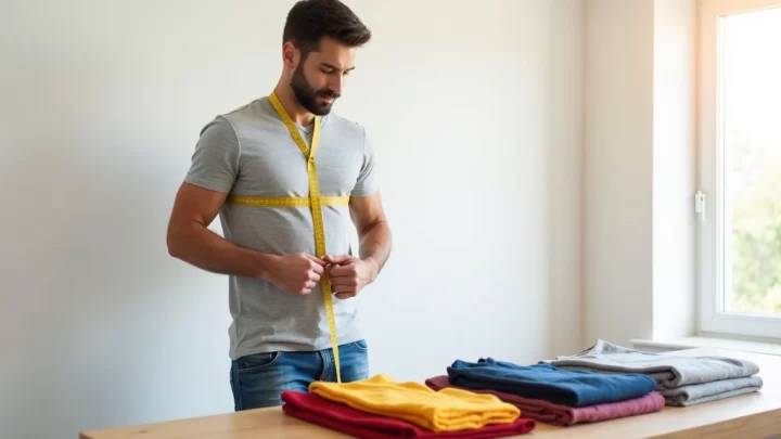 Homem medindo seu peito com fita métrica para escolher tamanho correto de camiseta