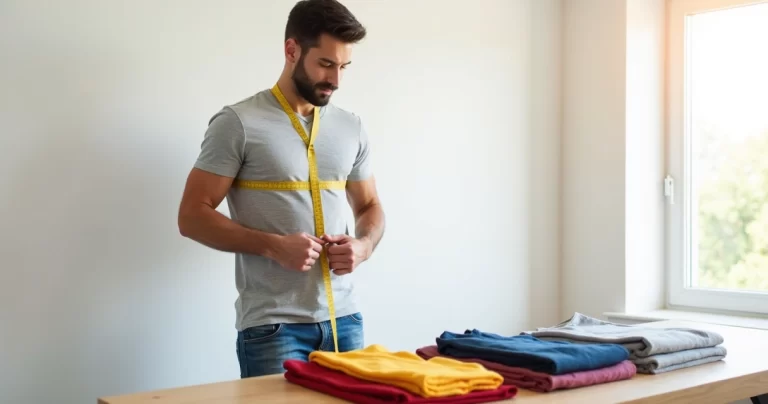 Homem medindo seu peito com fita métrica para escolher tamanho correto de camiseta