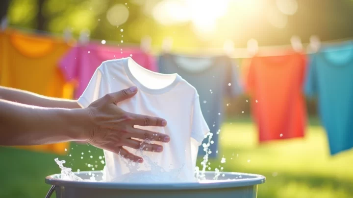 Mãos lavando camiseta de viscolycra branca em balde com água e sabão