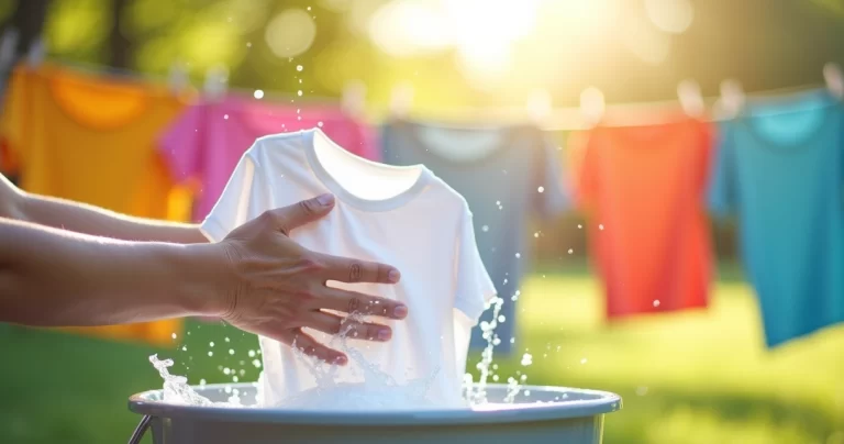 Mãos lavando camiseta de viscolycra branca em balde com água e sabão