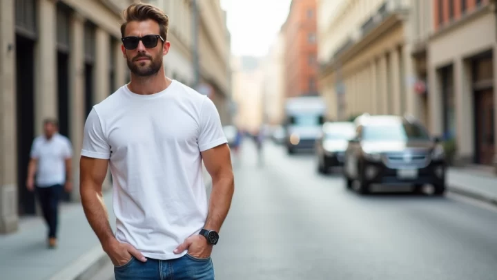 Homem usando camiseta básica branca com calça jeans azul em ambiente urbano