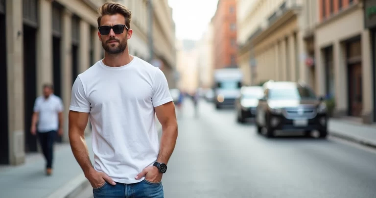 Homem usando camiseta básica branca com calça jeans azul em ambiente urbano