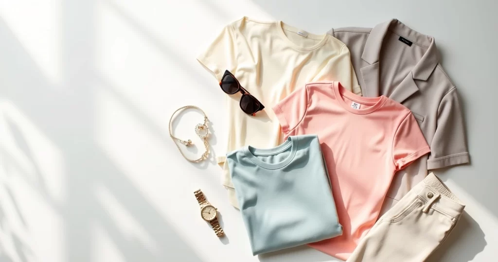 Conjunto de roupas femininas básicas com camisetas, blazer e calça casual dispostas sobre uma superfície clara, representando guarda-roupa cápsula minimalista e versátil para o dia a dia