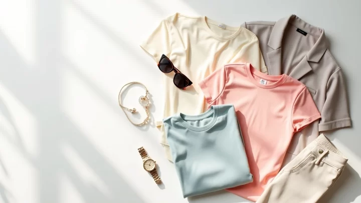 Conjunto de roupas femininas básicas com camisetas, blazer e calça casual dispostas sobre uma superfície clara, representando guarda-roupa cápsula minimalista e versátil para o dia a dia