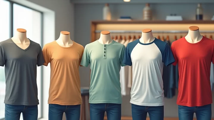 Modelos variados de camisetas masculinas em diferentes cortes e cores exibidas em manequins alinhados