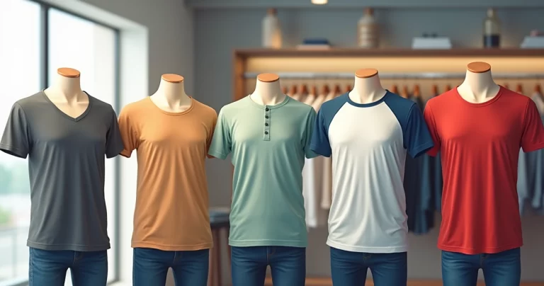 Modelos variados de camisetas masculinas em diferentes cortes e cores exibidas em manequins alinhados