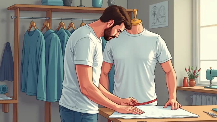 Homem medindo camiseta com fita métrica em ambiente de costura iluminado