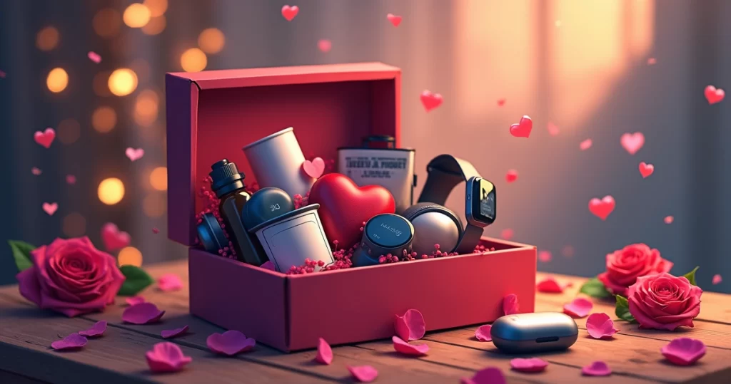 Caixa de presente aberta com itens tecnológicos e acessórios para cuidados pessoais sobre uma mesa decorada com corações e pétalas de rosa