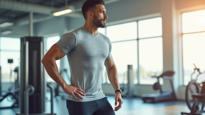 Homem vestindo roupa esportiva leve e confortável em academia moderna