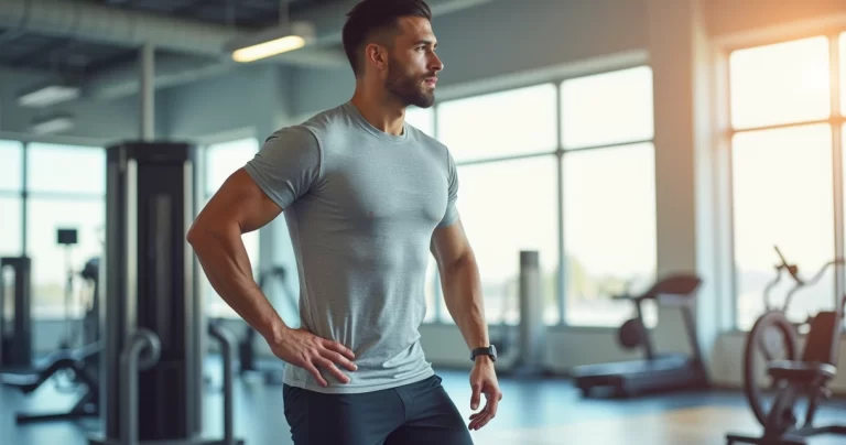 Homem vestindo roupa esportiva leve e confortável em academia moderna
