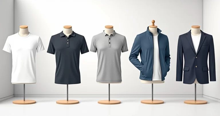 Conjunto de roupas masculinas básicas e modernas em diferentes estilos e cores expostas em manequins