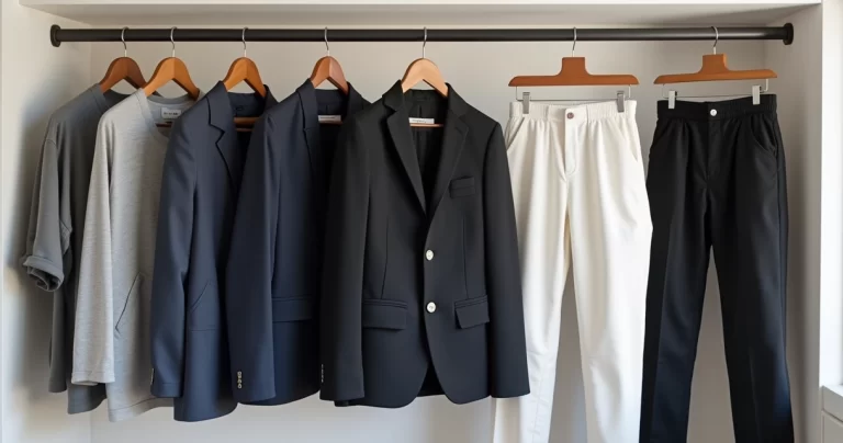 Conjunto de roupas básicas masculinas penduradas com camisetas, blazers e calças em tons neutros