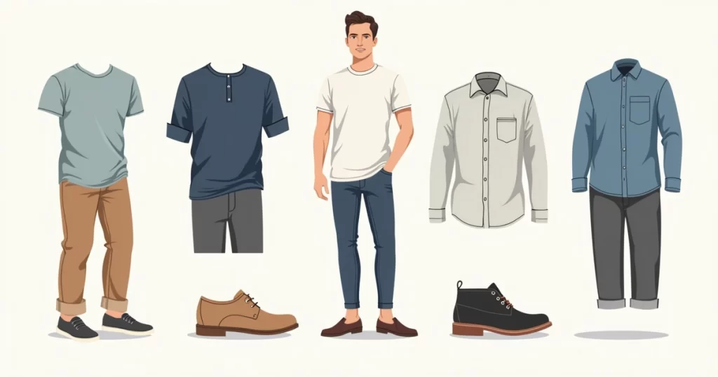 Conjunto de sete peças básicas masculinas organizadas sobre fundo neutro, incluindo camisetas gola V, henley, regata, e camisa casual dobrada ao lado de acessórios como cinto e sapatos