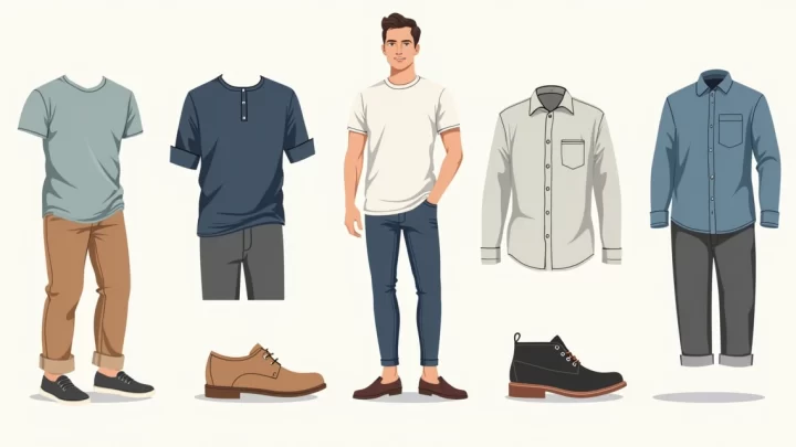 Conjunto de sete peças básicas masculinas organizadas sobre fundo neutro, incluindo camisetas gola V, henley, regata, e camisa casual dobrada ao lado de acessórios como cinto e sapatos