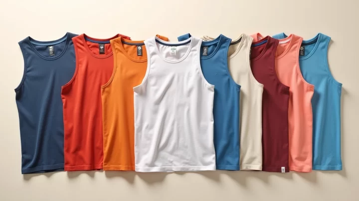 Várias regatas masculinas em diferentes combinações de cores, expostas em um fundo claro e moderno