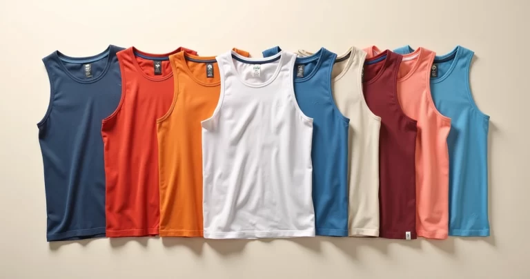 Várias regatas masculinas em diferentes combinações de cores, expostas em um fundo claro e moderno