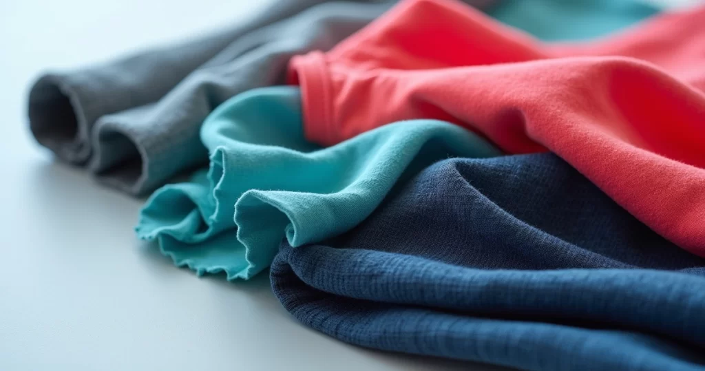 Diferentes tecidos para roupas de academia em várias cores e texturas sobre uma superfície clara