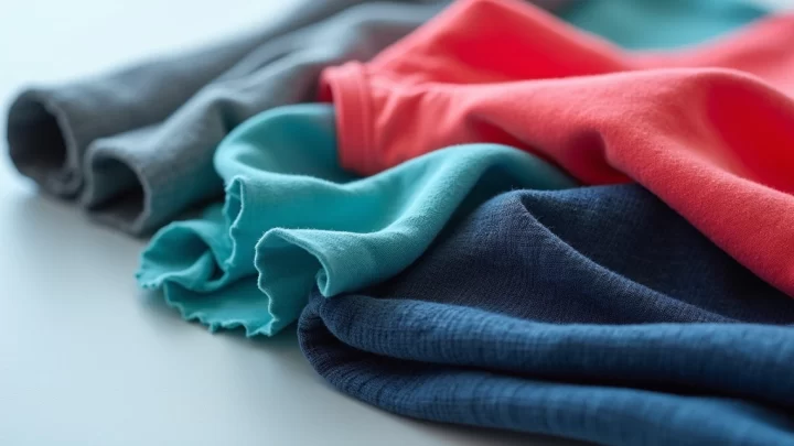 Diferentes tecidos para roupas de academia em várias cores e texturas sobre uma superfície clara