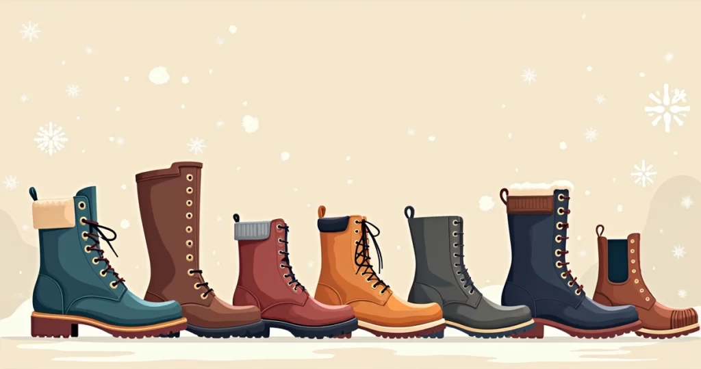 Ilustração flat corporativa mostrando diferentes estilos de botas masculinas para inverno, com botas em couro, coturno e bota casual em várias cores, sobre um fundo neutro com detalhes minimalistas que representam frio e moda masculina