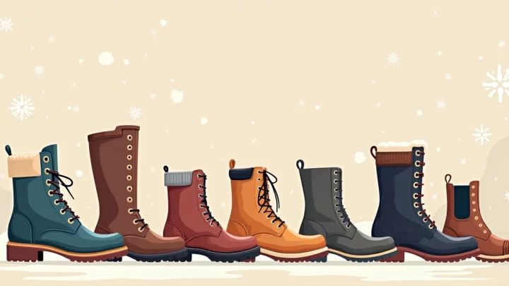 Ilustração flat corporativa mostrando diferentes estilos de botas masculinas para inverno, com botas em couro, coturno e bota casual em várias cores, sobre um fundo neutro com detalhes minimalistas que representam frio e moda masculina